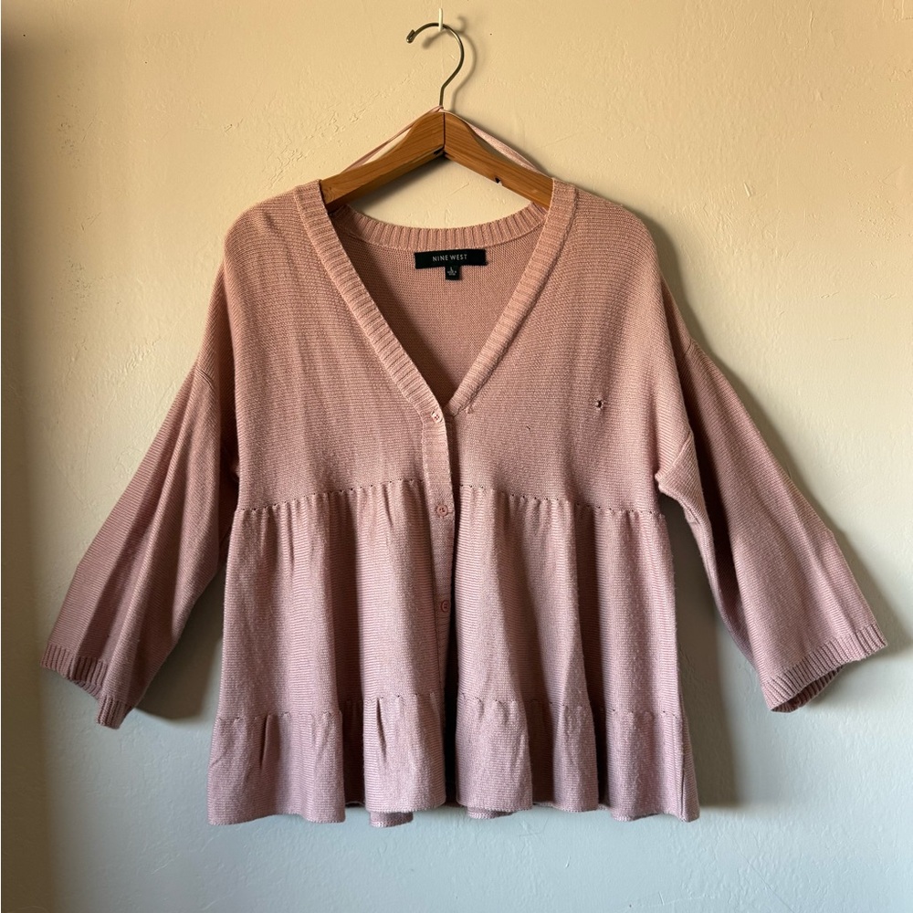 Nine West Pink Knit V-Neck Peplum Sweater